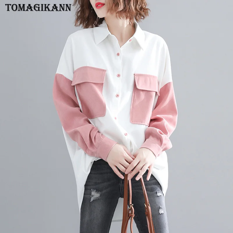 

Women Patchwork Blouse Shirt Tops Contrast Color Flap Pockets Turn Down Collar Long Sleeve Chemisier femme