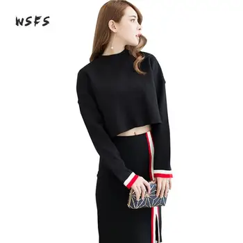 

Wsfs Autumn Black Knitted Dress Women Party Bandage Bodycon Vintage Long Sleeve Side Striped Pencil Dresses Vestidos De Festa
