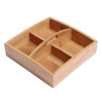 

1 Pc Bamboo Dried Fruit Box Multifunction Hand-Held Square 4 Grids Snack Tray Food Plate Holder For Fruits Candy Nuts