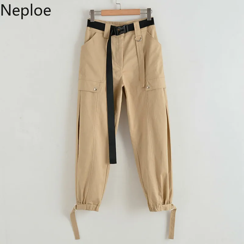 

Neploe Khaki Pants Women Summer 2019 New Arrival Pockets Sashes Bottoms Loose High Waist Cargo Ankle-Length Pants 43719