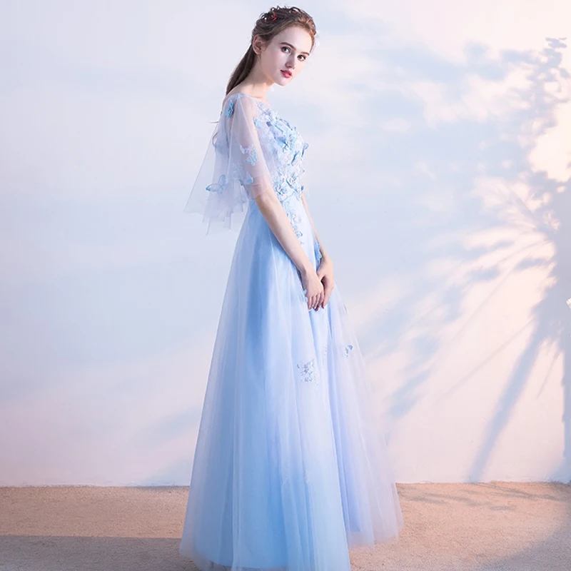 SSYFashion Новое свежее светло голубое кружевное вечернее платье невесты банкет