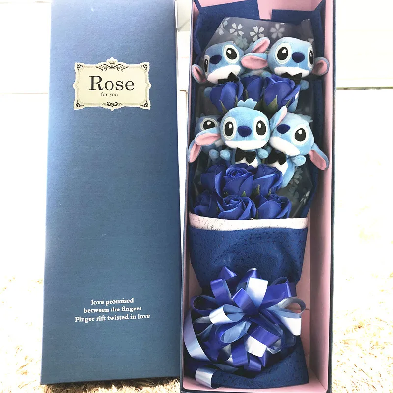 

1pc Artificial Lovely Cartoon Plush Toy Stitch Festivals Gift Bouquet with Fake Flowers Valentine's Day Wedding Party Decoration