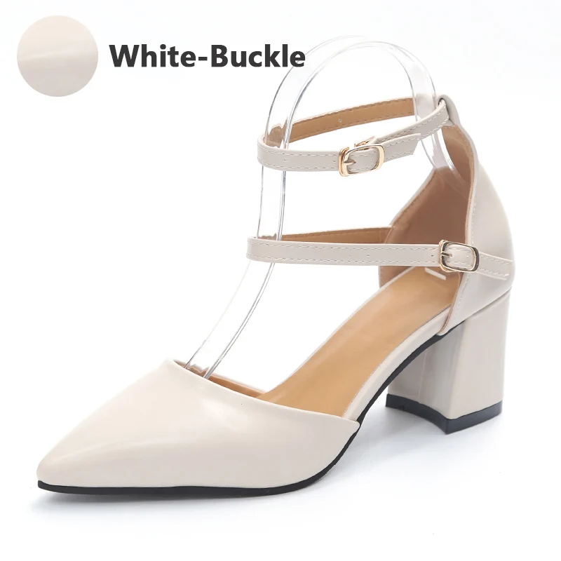 Сапоги aphixta, женские туфли-лодочки на высоком квадратном каблуке, острый носок, свадебная обувь, лакированная кожа, замша, классические туфли-лодочки, размер 44 - Цвет: White-Buckle