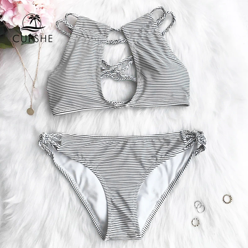 

CUPSHE Love More Stripe Bikini Set Women Cut Out Cross Halter Padding Thong Bikini Swimwear 2019 Beach Sexy Bathing Swimsuits