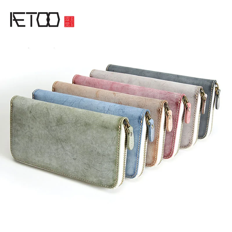 

AETOO Handmade handbag men's leather wallet long section new vintage men's hand grab bag leather clip zipper youth clutch bag