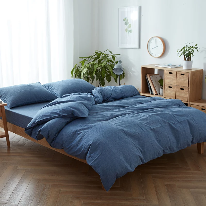 100% washed Cotton bedding sets 3/4pcs solid color duvet ...