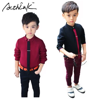 ActhInK Boys Formal Solid Cotton Dress Shirt with Necktie Brand Boys England Style Wedding Shirts Kids