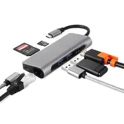 Usb type C концентратор, USB C многопортовый концентратор с HDMI выходом, SD кардридер, 2 USB 3,0 порта, 60 Вт type C порт, RJ45 Gigabit Ethernet