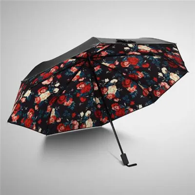 

Sun Umbrella Cute Floral Print Black Coating Three Fold Windproof Women Umbrellas beautiful double vinyl prevented bask parasol
