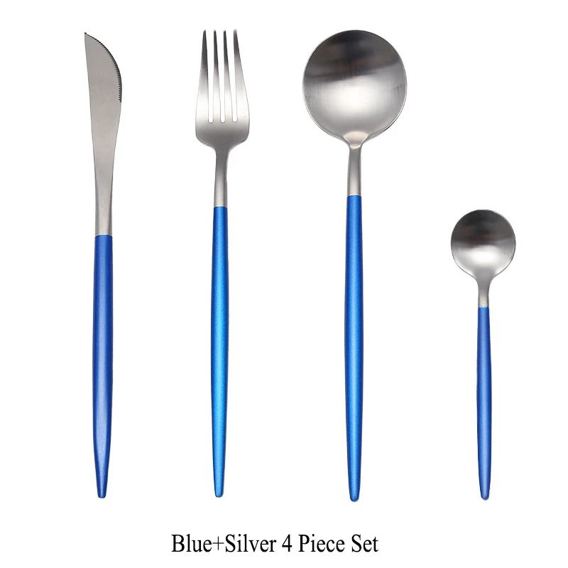Blue Silver 4 шт./компл. Нержавеющая сталь приборы из нержавеющей стали, золотой Радужное черное или посуда вилка Ножи Кофе ложка Прямая - Цвет: Blue Silver