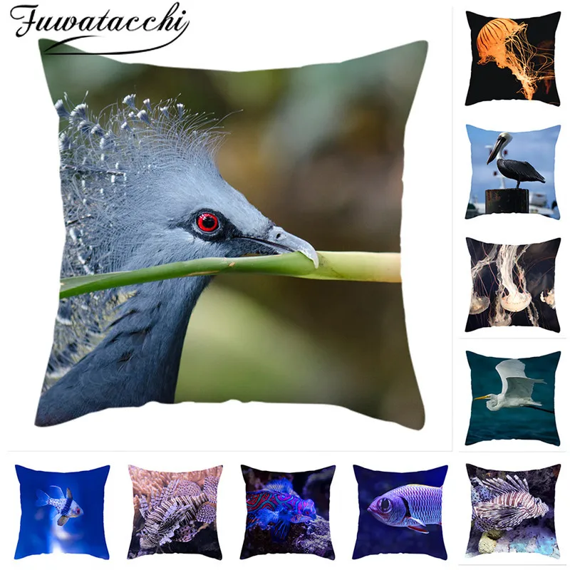 

Fuwatacchi Ocean Animals Cushion Cover Fishes Jellyfish Seabird Pillow Cover for Home Decorative Pillows Sea Pillows 45*45cm