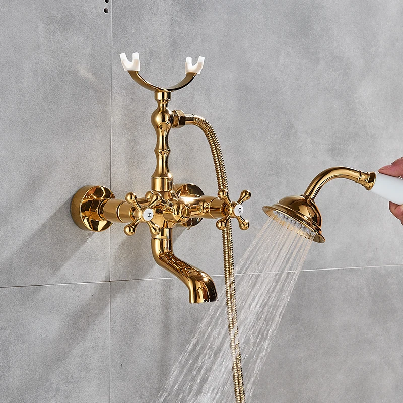 Antique Brass Golden Bathtub Shower Faucets Set Dual Knobs Mixer Tap Wall Mounted Bath Shower Set S