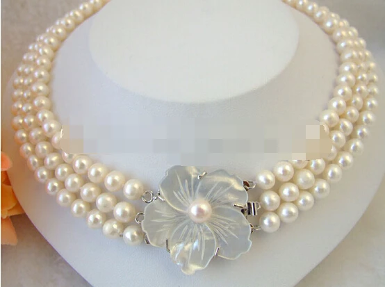 

0001337 Beautiful AAA 17-19" 3row 8-9mm white round freshwater pearl necklace-shell clasp