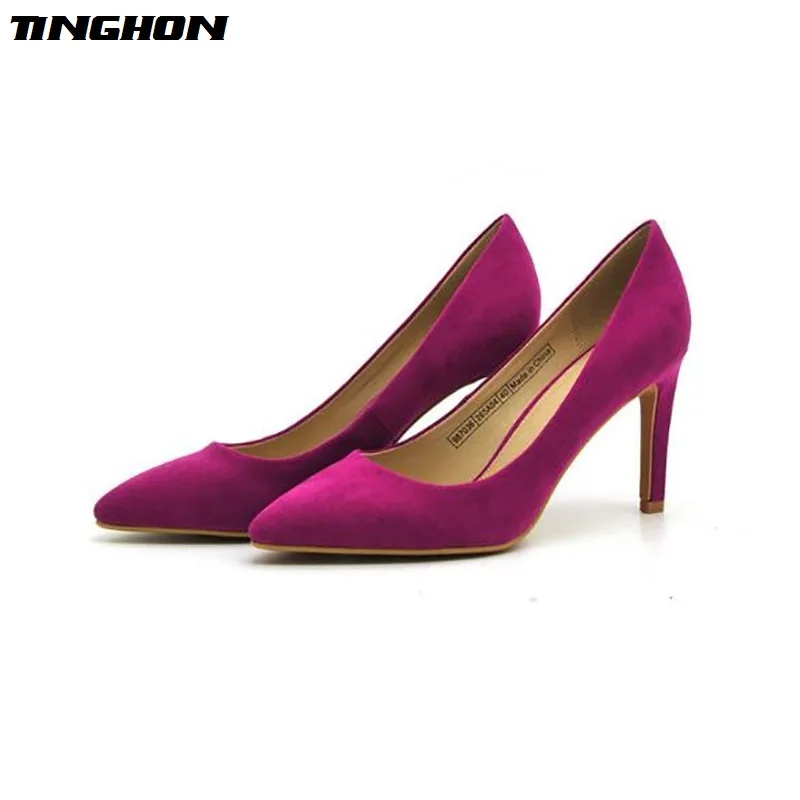

TINGHON Sexy Pumps Women Shoes Pink Flock Slip-On Shallow Wedding Party Thin Heels Pointed Toe Woman High Heels Pump