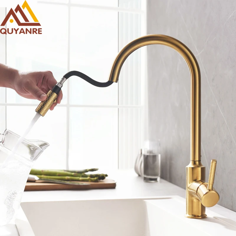  Quyanre Pull Out Kitchen Faucet Brushed Bronze Gold Kitchen Sink Water Tap 360 Rotation Kitchen Mix - 33030586839