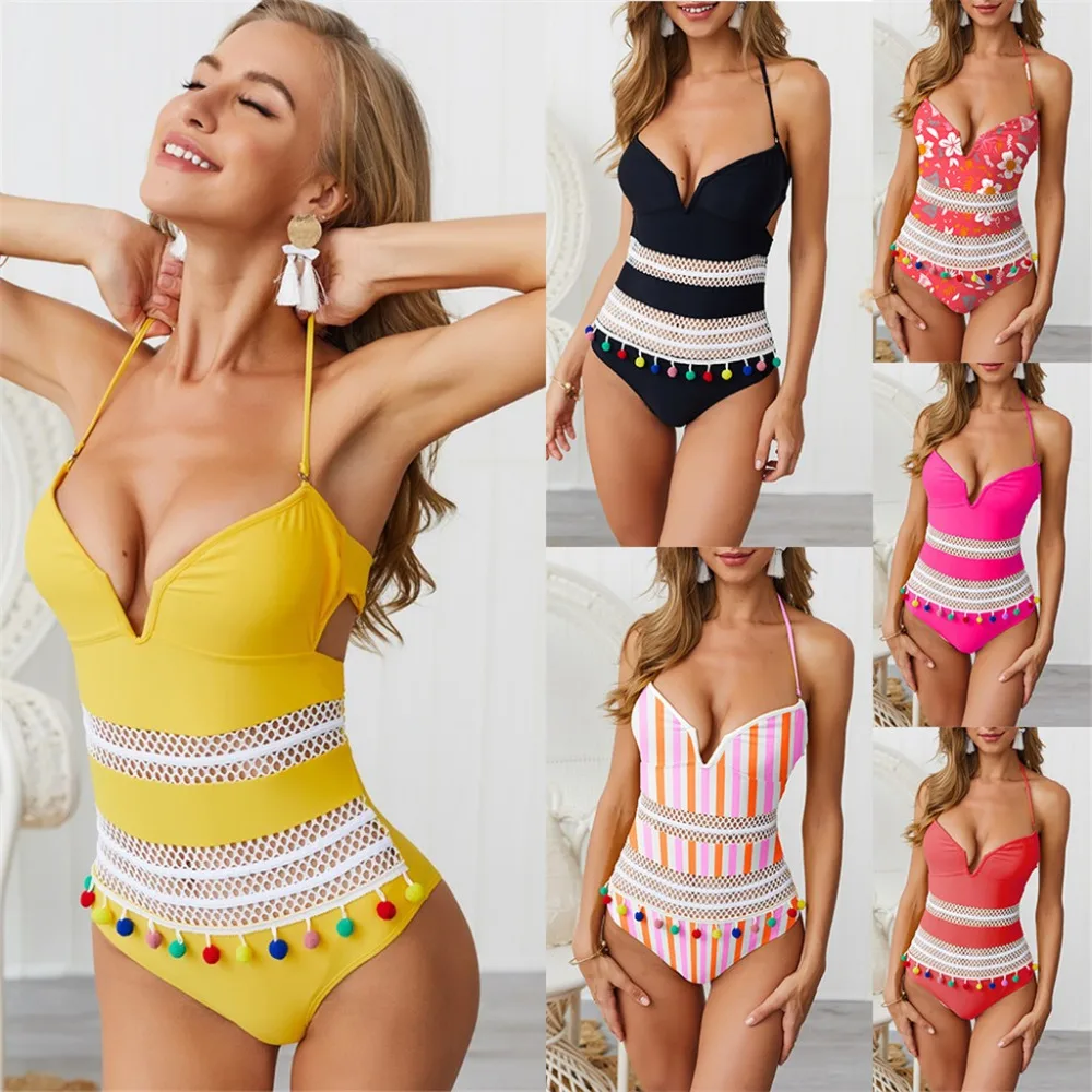 

2019 Push Up Swimwear Tassel One-Piece Suits Womens High Waist Bikini Set Padded Solid Mesh Tassel Pompom One Piece Swimsuit 2#