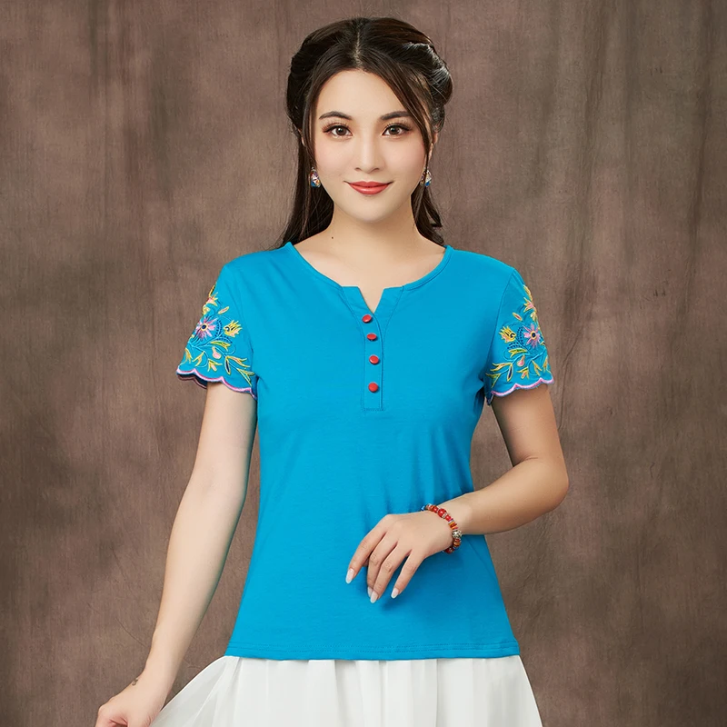 KYQIAO women ethnic t shirt 2019 plus size women clothing female v neck lack blue white