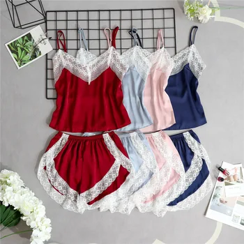 

New Arrival Women Sexy Pajamas Set Lace Trim Pyjama Summer Cami+Shorts Home Wear Rayon 2Pcs Sleepwear Casual Nightwear M-XXL