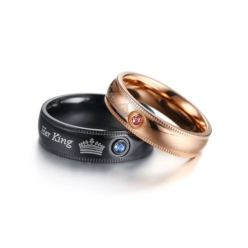 cheap Black Rose Gold Lovers Ring For Women Men Round Blue Pink Crystal Charms Fashion Jewelry #039;Her King,His Queen #039; Rings Bague Gifts