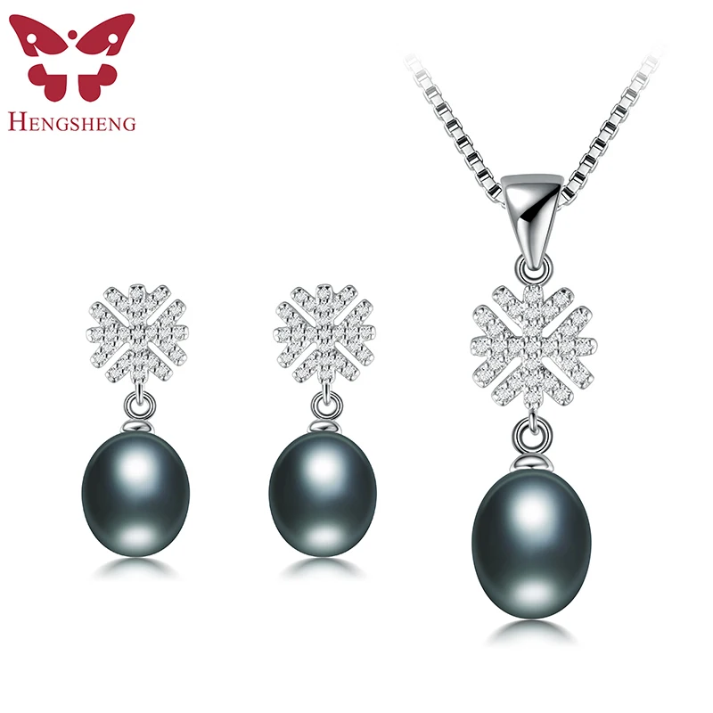 

HENGSHENG 100% Real Natural Black Pearl Jewelry Set For Women,Snowflake Shape Stud Earrings&Pendant,Wedding Set/Gift/Party/Date