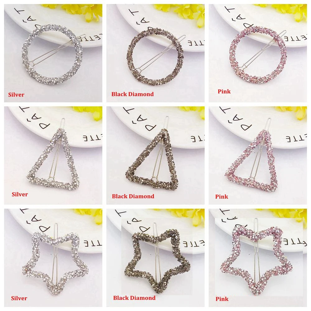 Fashion Crystal Rhinestones Hairpin Star Triangle Round Shape Hair Clips Barrettes Hair Styling Accessories for Women