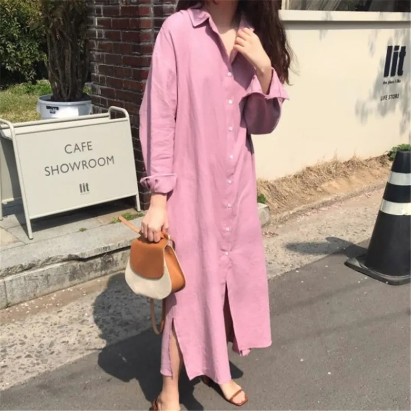 

EWQ 2019 summer new Korea fashion clothes Turn-down Collar dress long-sleeved single-breasted cardigan Large size dresses QH5860