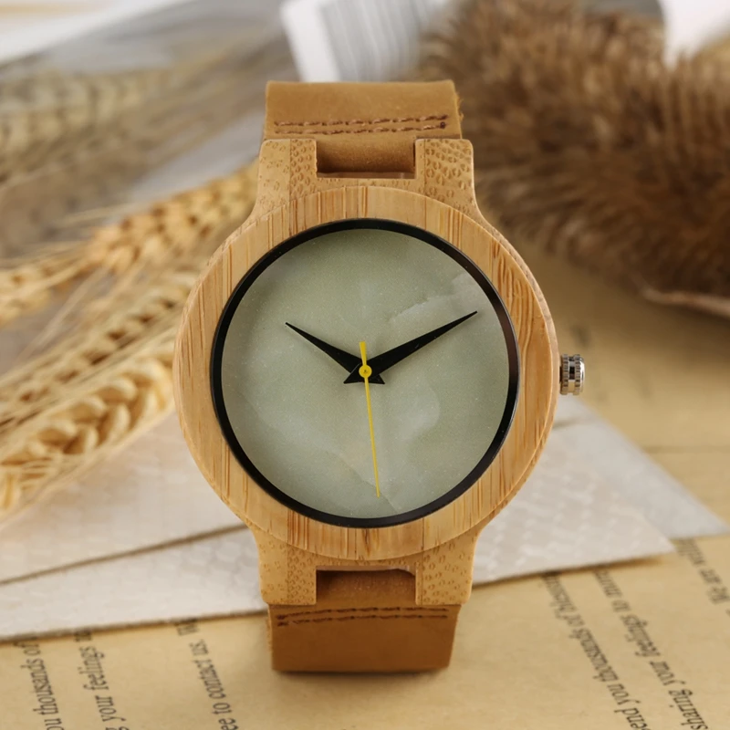 

Men's Wooden Watch Unique Marble Light Green Dial Yellow Pointer Clock Male Natural Durable Handcrafted Wooden Watch for Men Boy