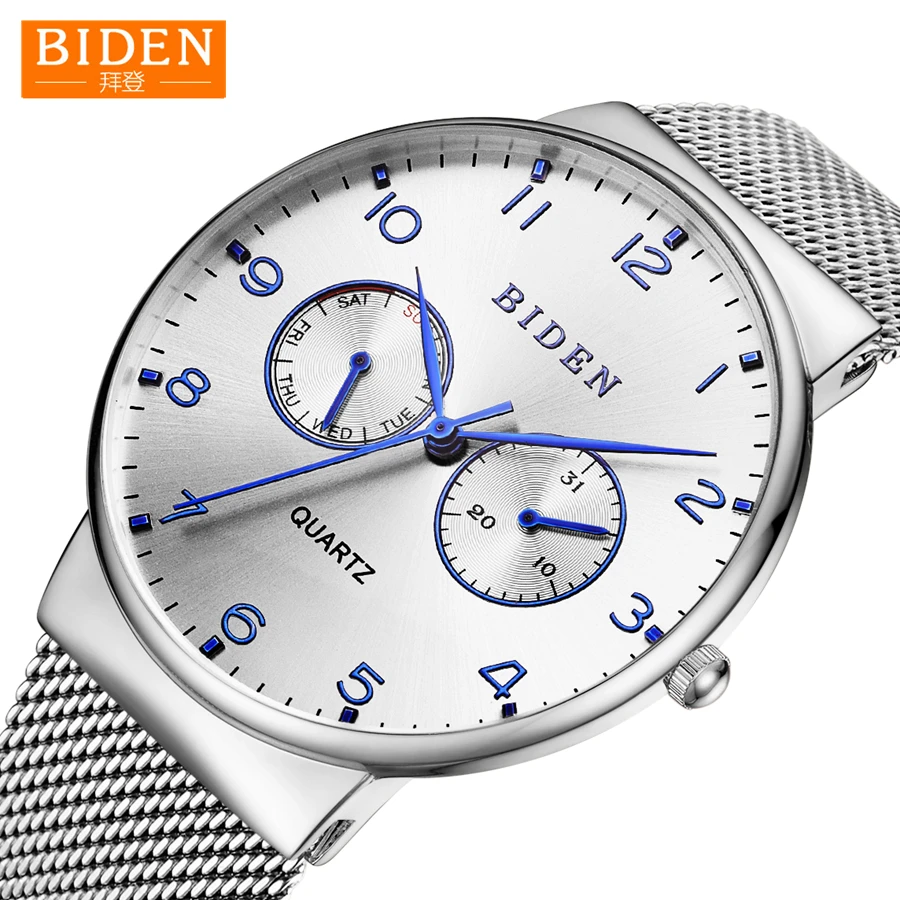 

Watches Men Business Casual Ultra-Thin Designed Watch From BIDEN Stainless Steel Clock Male Quartz Watch Men's WristWatch
