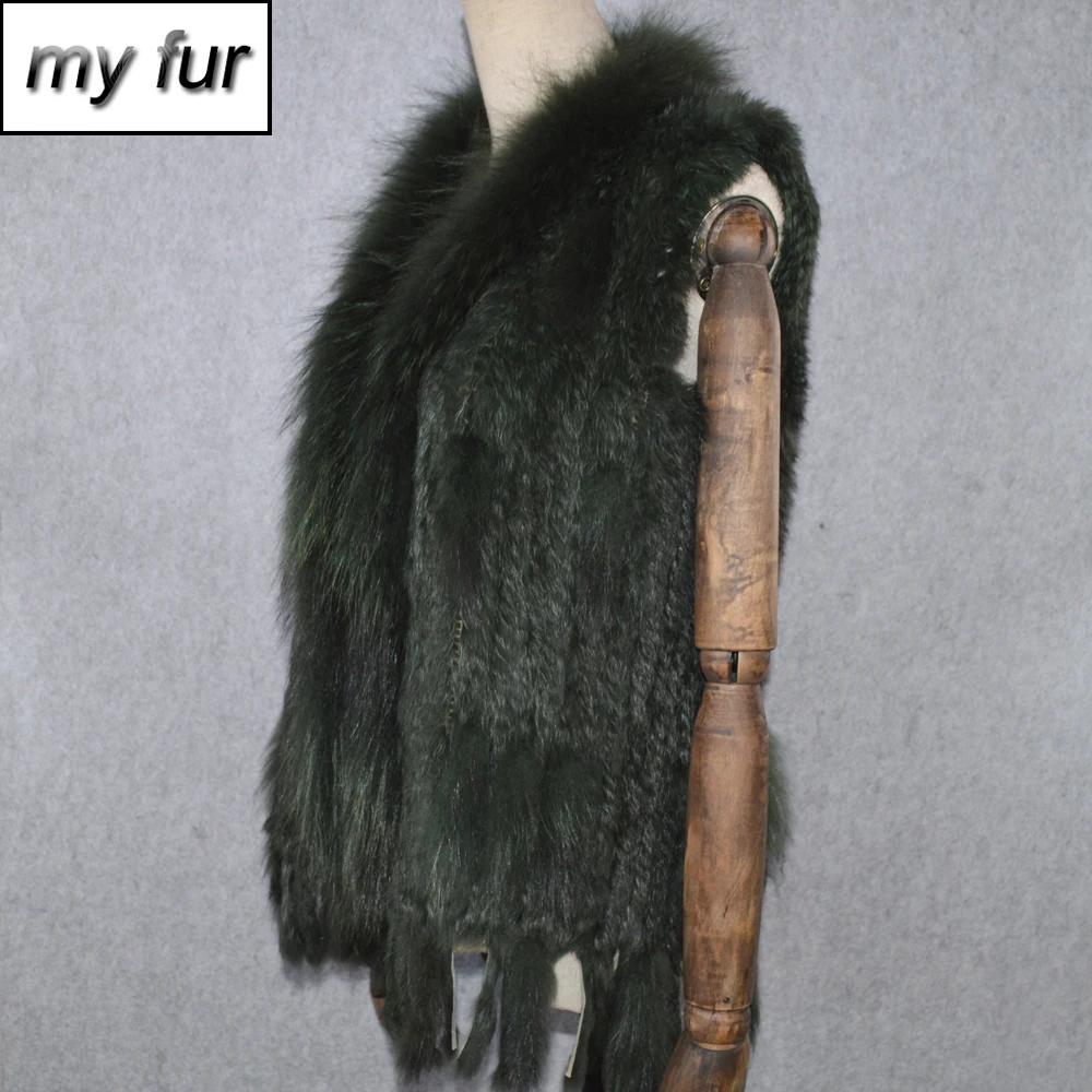

2019 Hot Sale Party Women Real Rabbit Fur Vest Knitted Tassels Real Genuine Rabbit Fur Gilet Real Raccoon Fur Collar Waistcoat