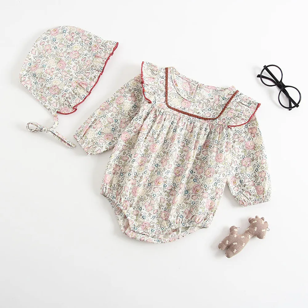 2018 new fashion Infant Newborn Baby Boy Girl Floral Romper  Hat Clothes Outfits Set  drop shopping OTC05