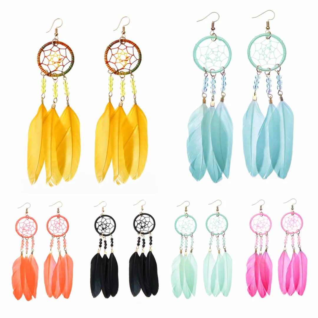 Dream Catcher Hook Earrings Feather Gypsy Chic Colorful Earrings  Long Tassel Drop Dangle Earring Trendy Female Boho Jewelry