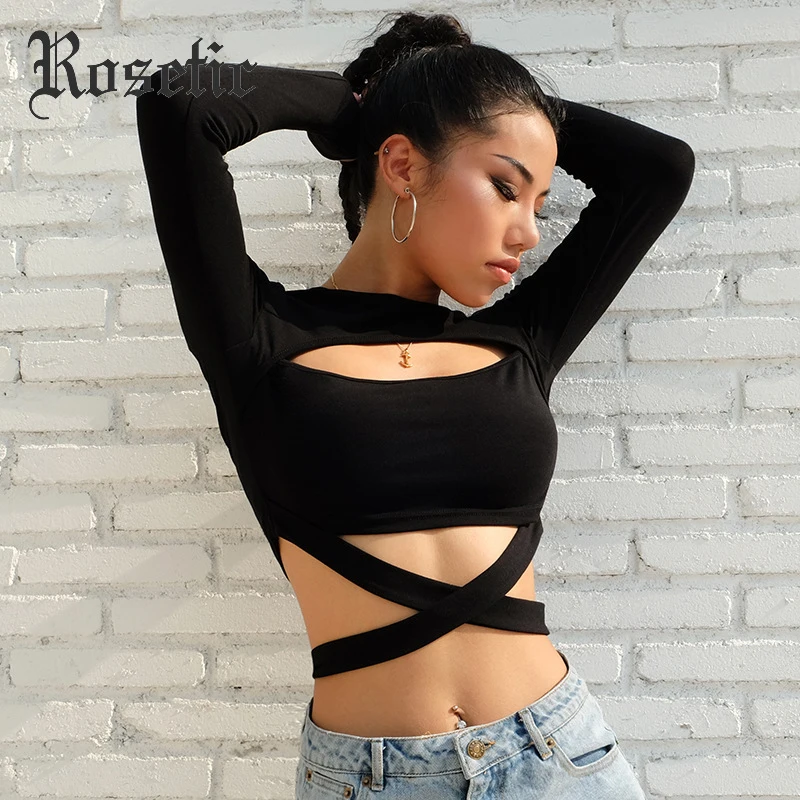 Online Gothic Autunno Freddo Sexy High Street Casual Delle Donne T Shirt Slim Plain Hollow Lace Up Delle Ragazze di Modo del Club di Viaggi Femminile nero Top Tee