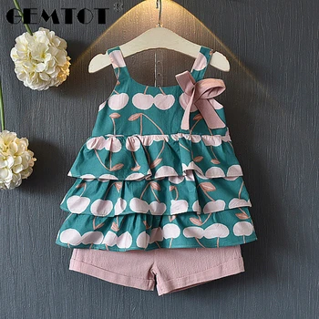 

Summer Girl Set Sling Top Shorts 2 Piece Set Cherry Bow Girl's Clothes Set Children's Wear Girls Outfits Детский Костюм