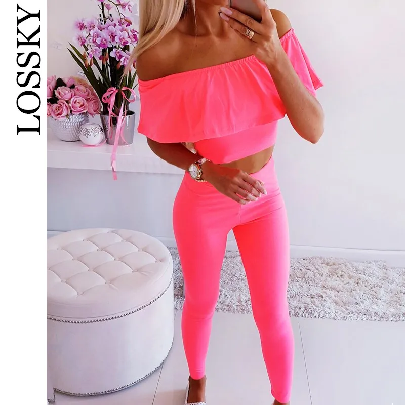 المرأة الصيف مثير 2 قطعة مجموعة الكشكشة المحاصيل أعلى و Bodycon السراويل مائل الرقبة المحاصيل بلوزة الإناث ضئيلة عالية الخصر السراويل الطويلة د...