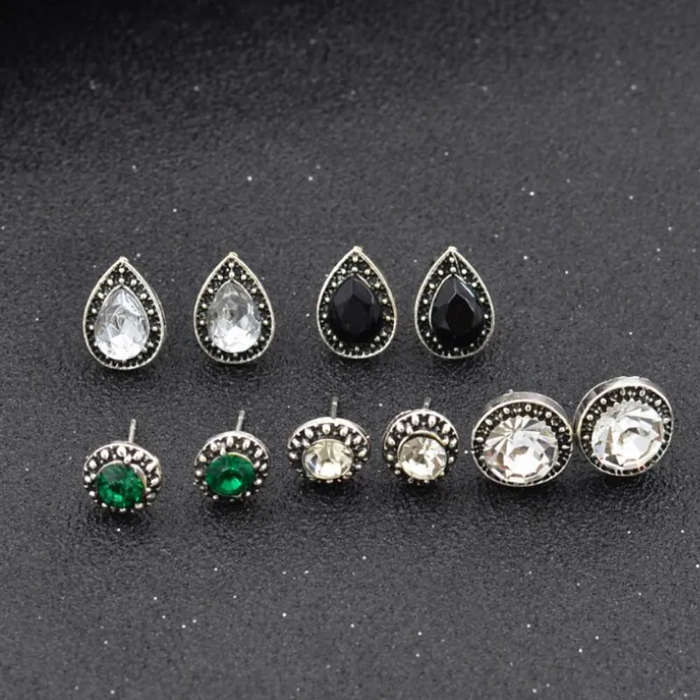 5Pairs Bohemian Stud Earring Set Boho Green Black Crystal Droplet