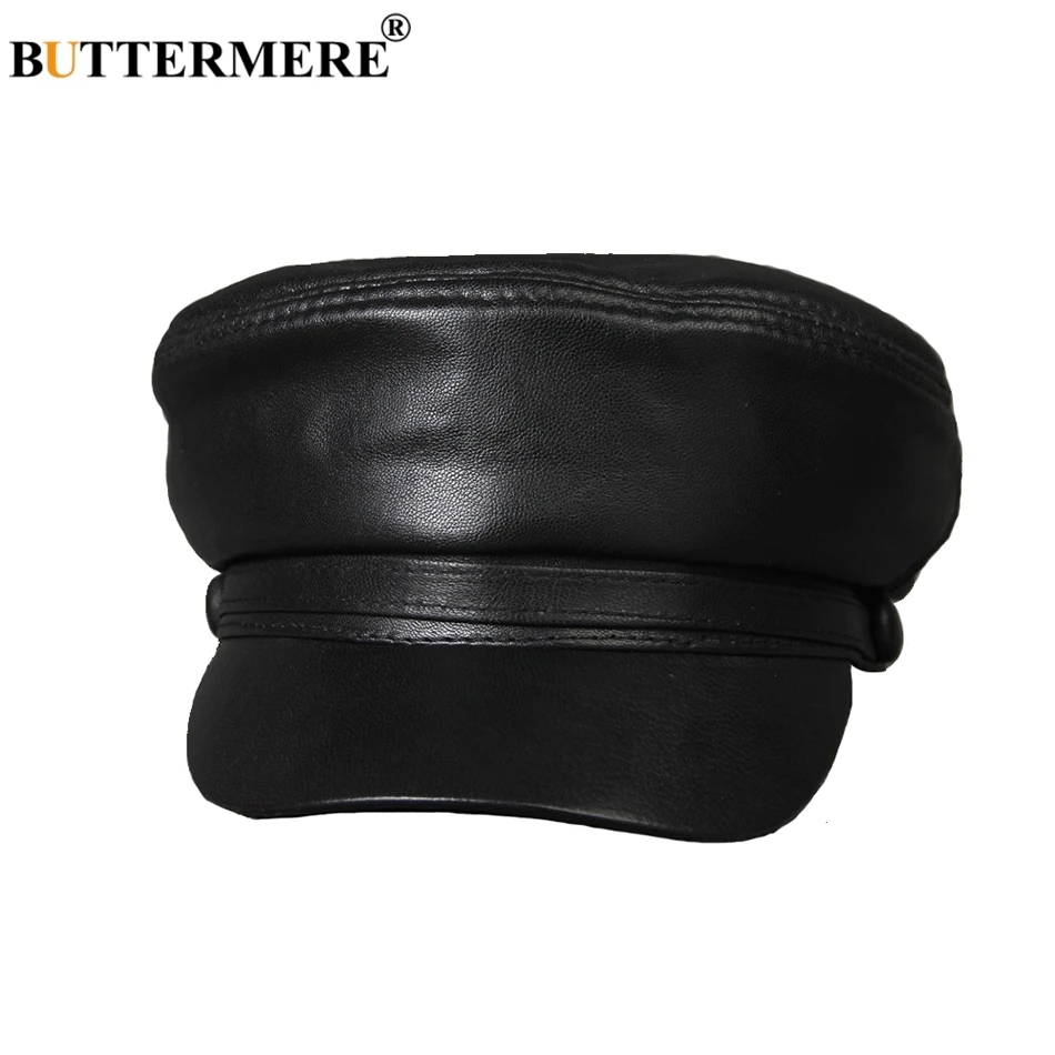BUTTERMERE Genuine Leather Newsboy Caps Women Black Leather Flat Hat Winter Men Vintage Solid Duckbill Ivy Cap Male Gatsby Cap