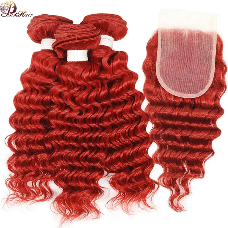 Pinshair глубокая волна комплект s с синтетическое закрытие волос бордовый цветной бразильские локоны ткань 3 с синтетическое закрытие 99J