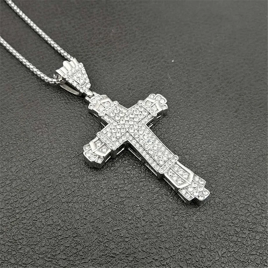 Религиозный золотой цвет Iced Out Bling большой подвесной крест с распятием из нержавеющей стали ожерелье с крестом из стразов для мужчин ювелирные изделия