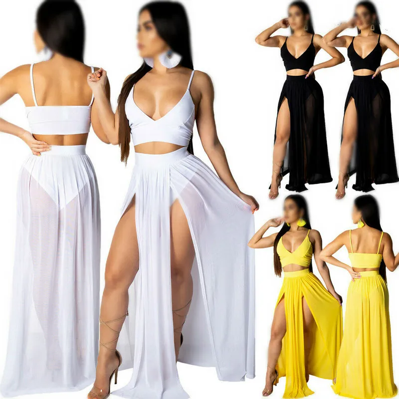 

Summer Beach Women Deep V Party Dress Maxi Long Skirt Crop Top Two Piece Set Bathing Suit Swimwear Black White Yellow