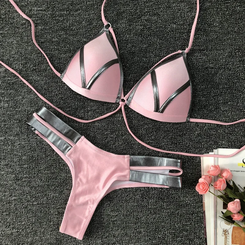 2018 Sexy String Thong Bikini Set Pink Women Push Up Swimwear Biquini Halter Top 2 Pcs Swimsuit Padded Bra Female Bathing Suit