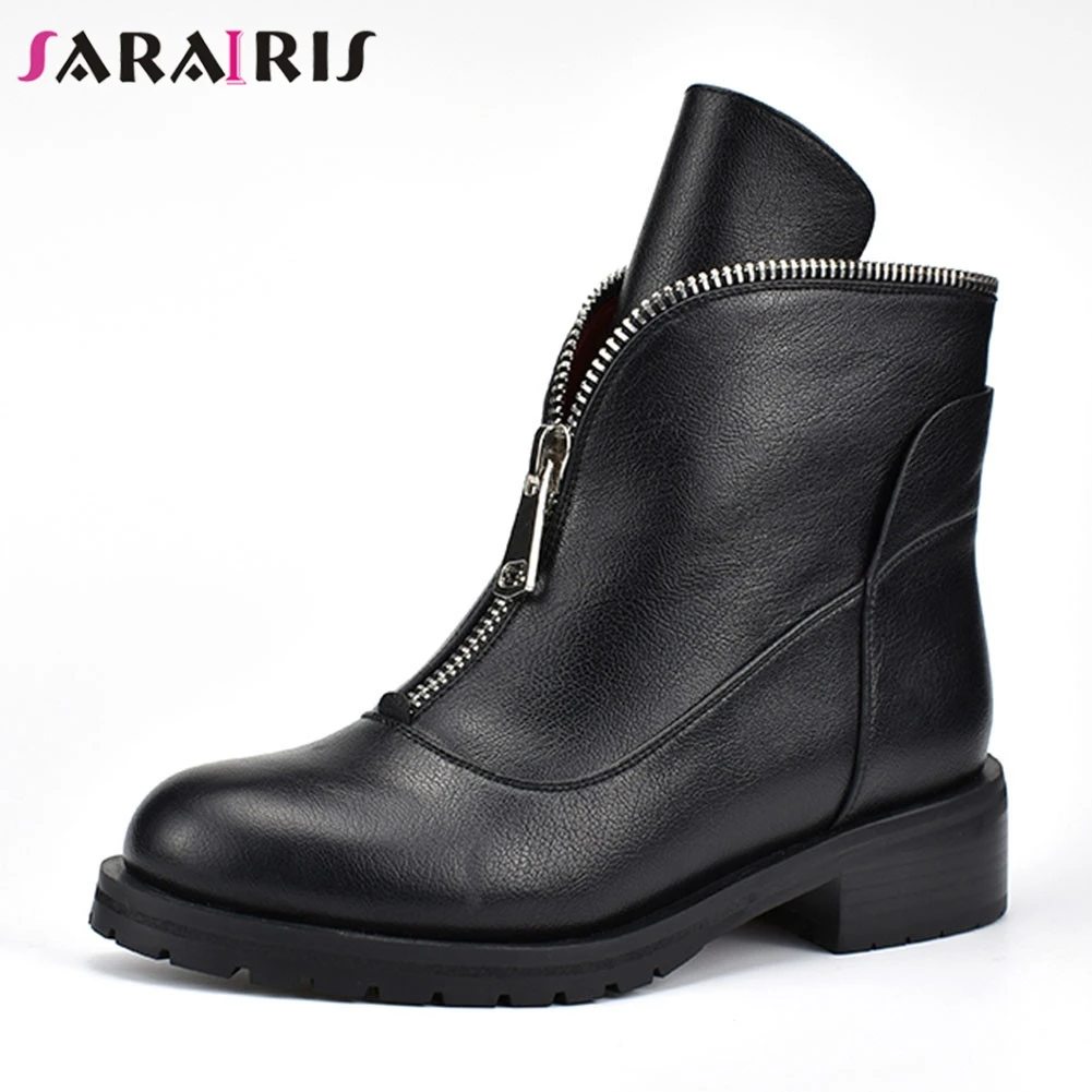 

SARAIRIS Brand New Solid Wide Med Heels Zip Round Toe Top Quality Shoes Woman Casual women's Winter Ankle Boots Big Size 34-42