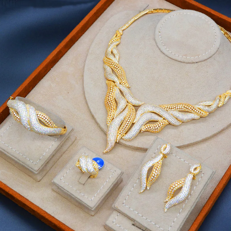 

Dazz Luxury Twisted Plant Gold Color Big Jewelry Set For Women Banquet AAA Zircon Collar Earrings Ring Bangle Accessories Gifts