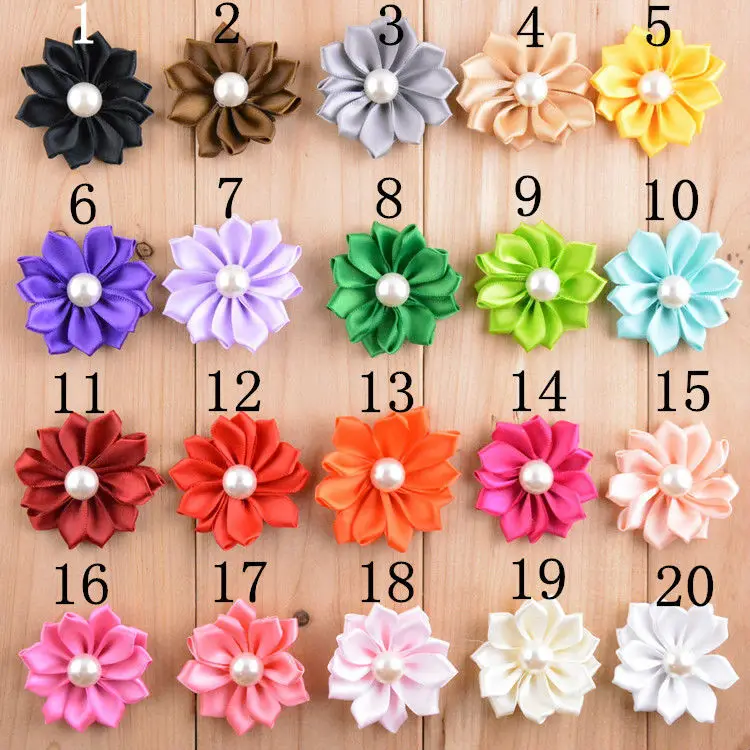 

100pcs/lot 2" Mini Satin Ribbon Solid Flower Pearl In The Center DIY Flowers Without Clips Hair Accessories Free Shipping FH04