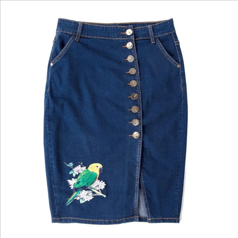 

winter large size women's embroidered jeans skirt line Button skirt