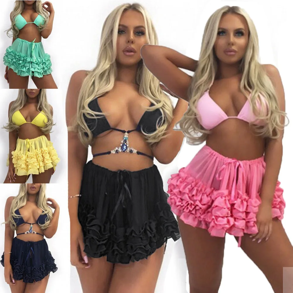 Sexy Women Summer High Waist Bikini Cover Up Skirts Ladies Solid Sheer Beach Wrap Mini Skirt