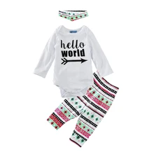 arrow baby boy clothing set letter hello world rompers+geometry pants+headband 3pcs baby clothes 2017 summer boys clothing sets