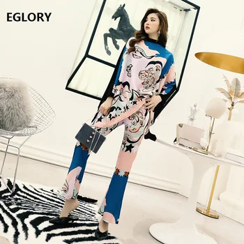 

Top Grade Designer Clothing Sets Women Batwing Sleeve Bohemian Print Loose Tops Blouse+Full Length Long Pant Sets & Suits 2pcs