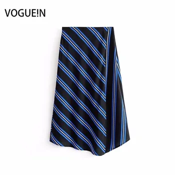 

VOGUEIN New Womens Fashion Casual Striped Print Blue Black Asymmetrical Midi Skirt Wholesale