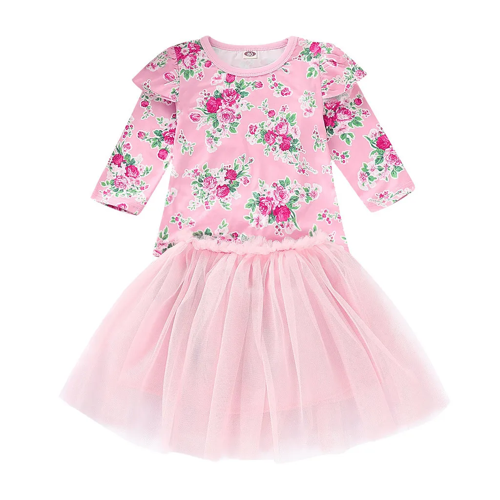 

Top Selling Spring Autumn Fashion Baby Girl Dress Long Sleeve Floral Tops Net Princess Party Dress Clothes Kid Dresses for girls