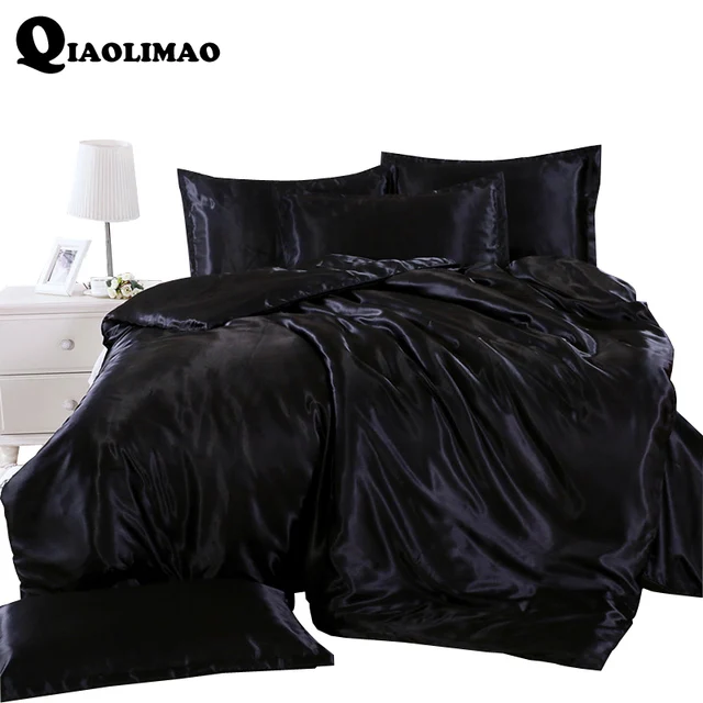 write black white bedding sets king double size satin silk summer used bed sheet